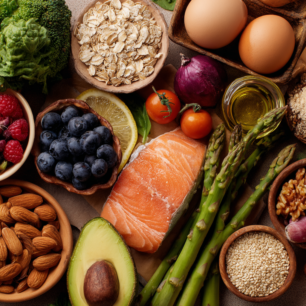 Variety of healthy foods promoting wellbeing for older adults